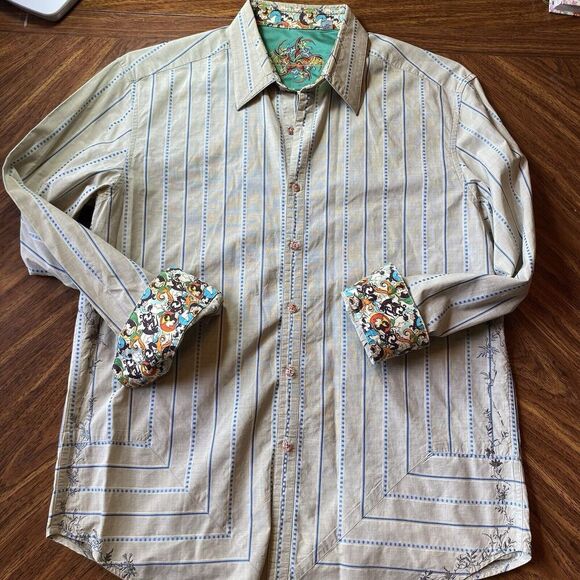 Robert Graham Shirt Mens L Gray Striped Button Up Flip Cuff Long Sleeve - Picture 1 of 10